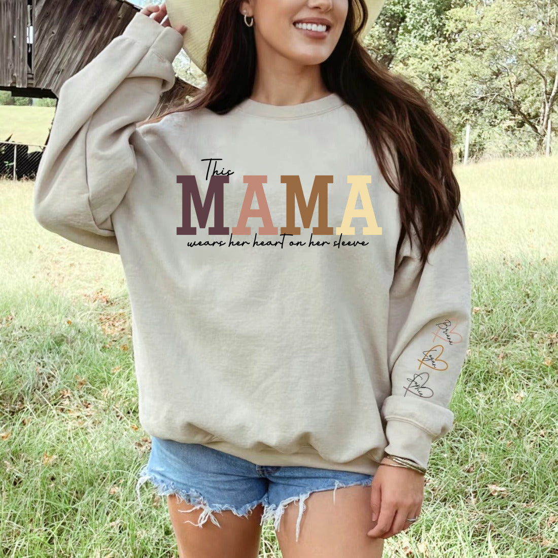 Personalized MAMA Wears Her Heart On Her Sleeve Sweatshirt