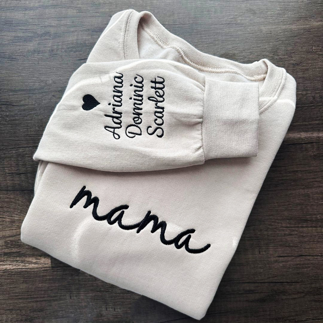 Custom Mama Embroidered Sweatshirt with Kids Names Sleeves