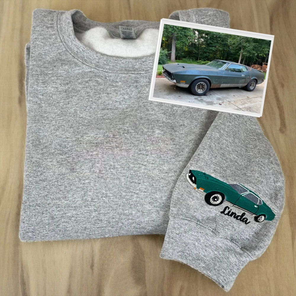 Personalized Sweatshirt with Embroidered Custom Car on Sleeve Anniversary Gift