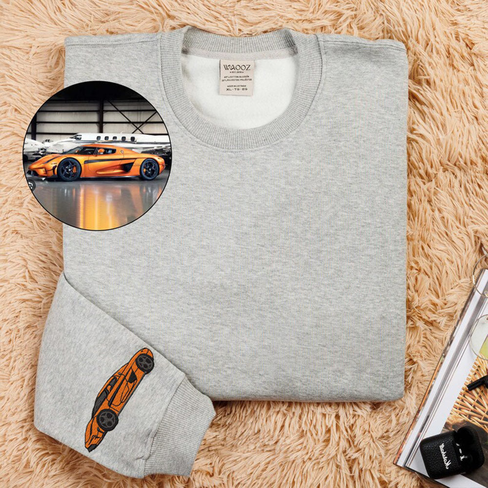 Personalized Sweatshirt with Embroidered Custom Car on Sleeve Anniversary Gift