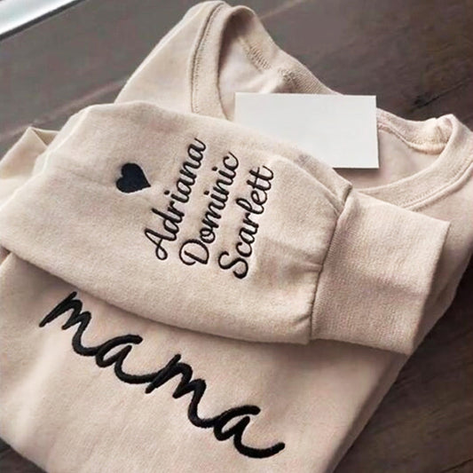 Sweat-shirt brodé personnalisé pour maman avec manches avec noms d'enfants 