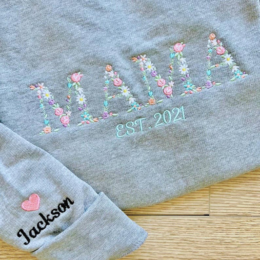 Personalized Floral Mama Embroidered Sweatshirt with Kid Names on Sleeve Christmas Gift MIYO7177