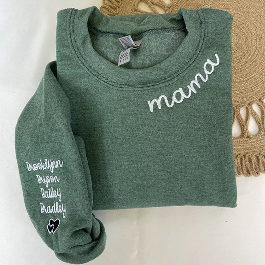 Custom Embroidered Mama Sweatshirt with Kids Name on Sleeve Mothers Day Gift for Mom HCMD0048