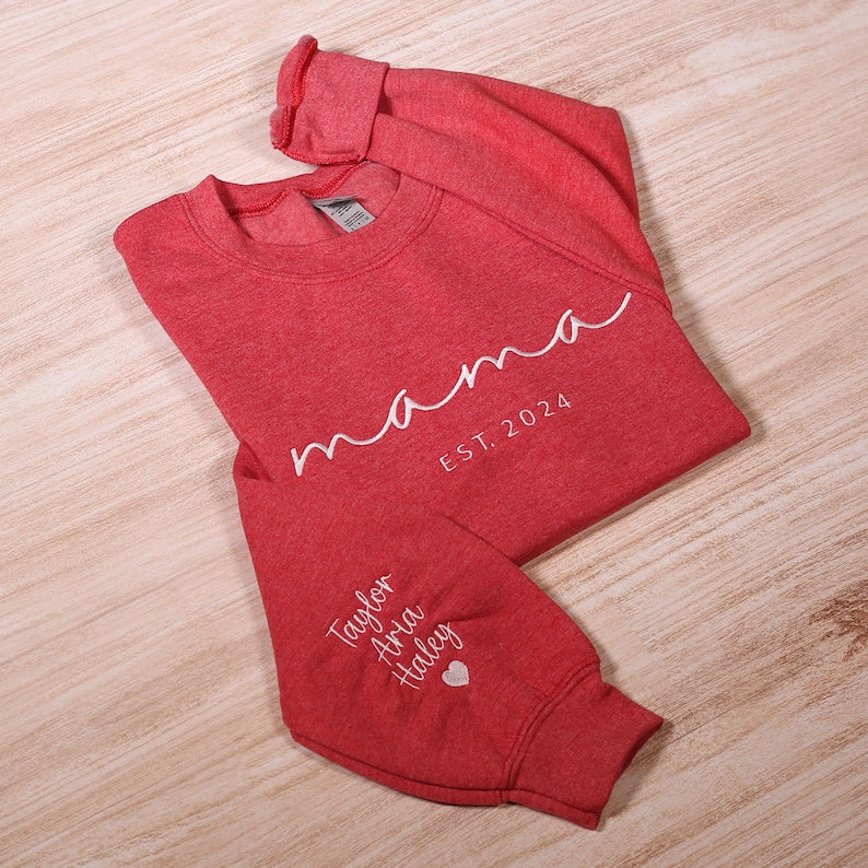 Custom Mama Embroidered Sweatshirt with Kids Names Sleeves