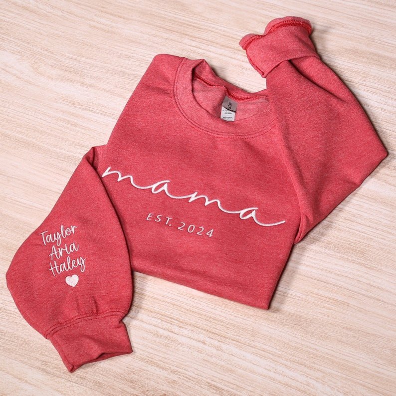 Custom Mama Embroidered Sweatshirt with Kids Names Sleeves