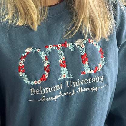 Embroidered Floral Letter University Sweatshirt Flower Letter College Crewneck