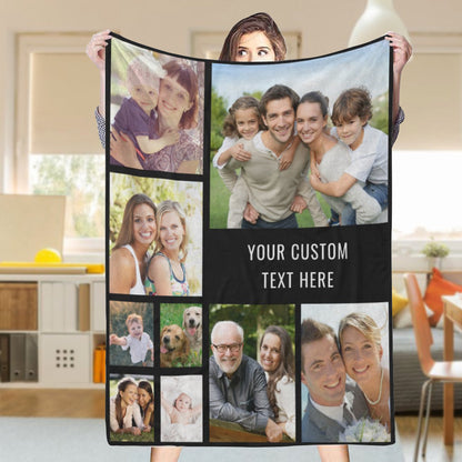 Custom 9 Photos Text Black Fleece Blanket Gift for Him/Her