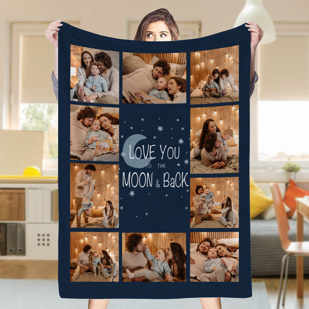 Custom 10 Photos Love You To The Moon Back Fleece Blanket