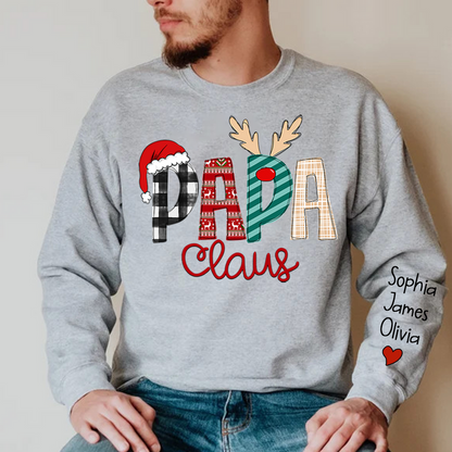 Personalize Merry Christmas Papa Claus Sweatshirt with Kids Names sleeve Christmas Gift