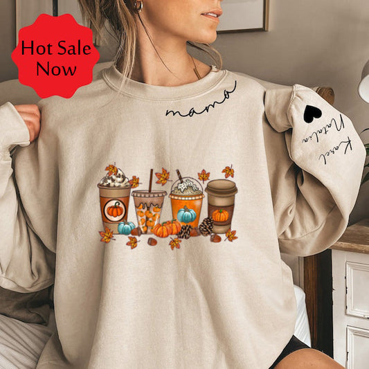 Custom Family Sweatshirt with Kids Names sleeve Fall Coffee Sweatshirt Gift For Thanksgiving