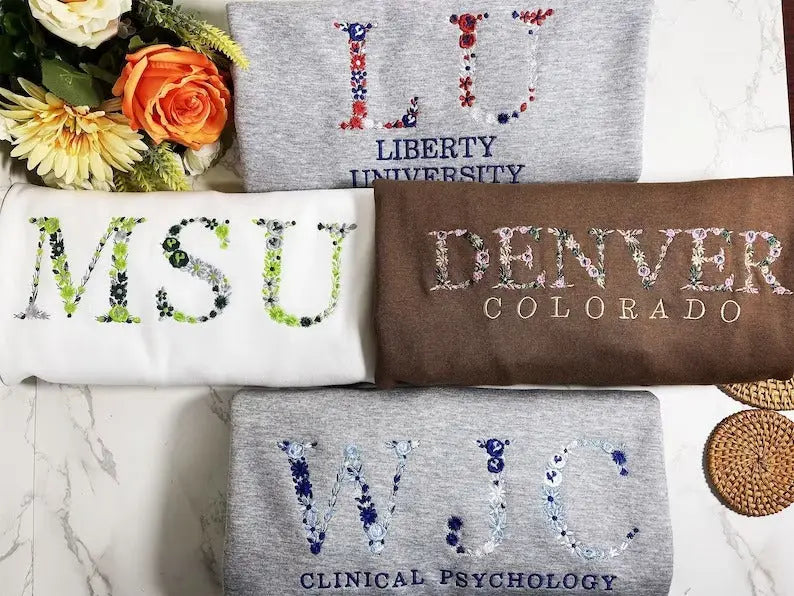 Embroidered Floral Letter University Sweatshirt Flower Letter College Crewneck