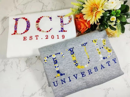 Embroidered Floral Letter University Sweatshirt Flower Letter College Crewneck