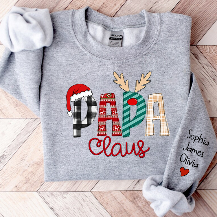 Personalize Merry Christmas Papa Claus Sweatshirt with Kids Names sleeve Christmas Gift