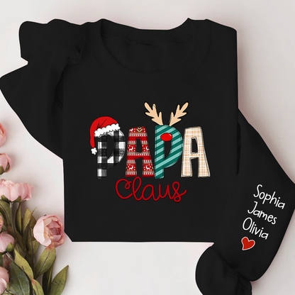 Personalize Merry Christmas Papa Claus Sweatshirt with Kids Names sleeve Christmas Gift