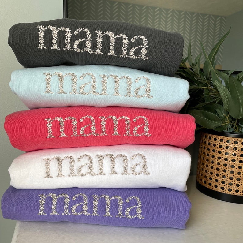 Personalized Floral Mama Embroidered Sweatshirt with Kid Names on Sleeve Christmas Gift