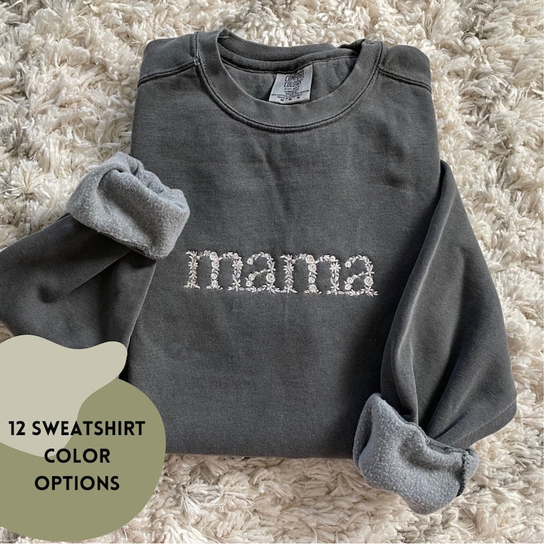 Personalized Floral Mama Embroidered Sweatshirt with Kid Names on Sleeve Christmas Gift