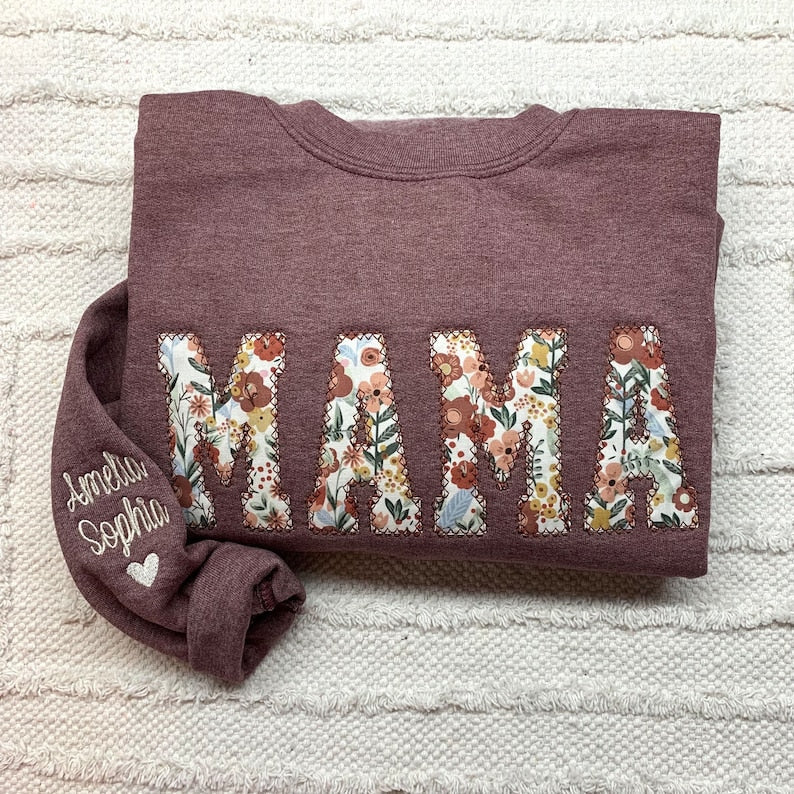 Personalized Floral Mama Embroidered Sweatshirt with Kid Names on Sleeve Christmas Gift