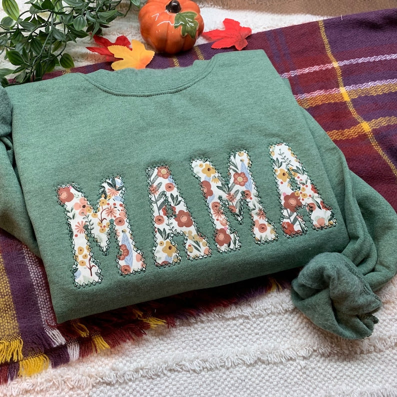 Personalized Floral Mama Embroidered Sweatshirt with Kid Names on Sleeve Christmas Gift