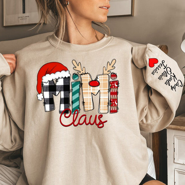 Custom Mimi Claus Sweatshirt and Hoodie with Kids Names sleeve Christmas Gift