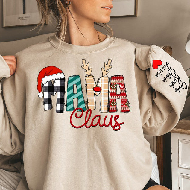 Custom Mama Claus Sweatshirt and Hoodie with Kids Names sleeve Christmas Gift