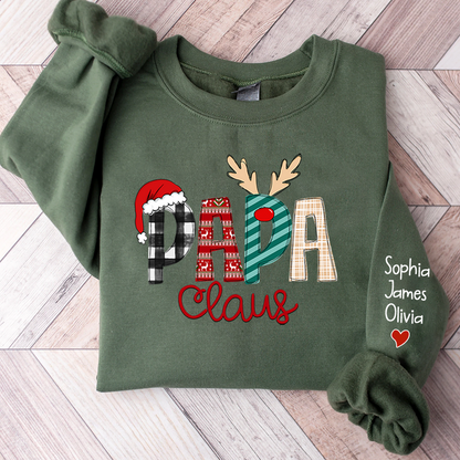 Personalize Merry Christmas Papa Claus Sweatshirt with Kids Names sleeve Christmas Gift