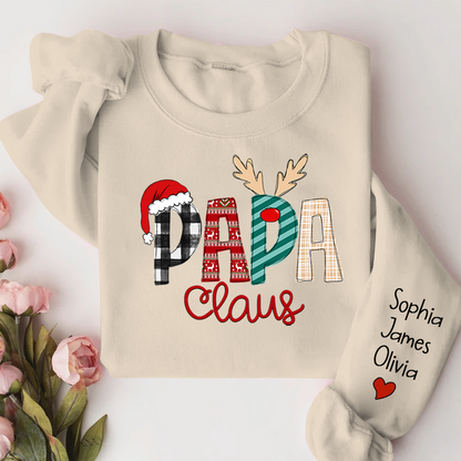 Personalize Merry Christmas Papa Claus Sweatshirt with Kids Names sleeve Christmas Gift