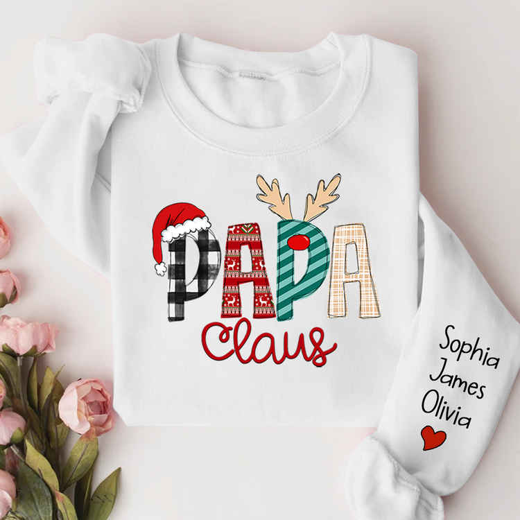 Personalize Merry Christmas Papa Claus Sweatshirt with Kids Names sleeve Christmas Gift